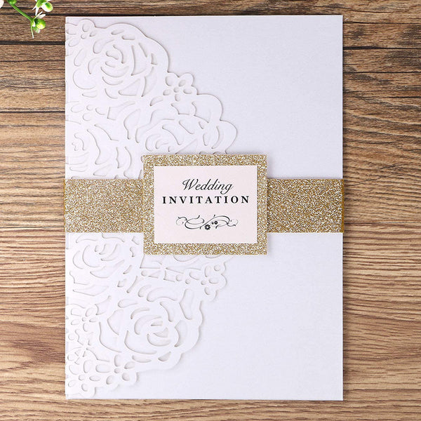 White Laser Cut Wedding Invitations Cards with Envelopes Ribbons (7)