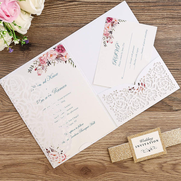 White Laser Cut Wedding Invitations Cards with Envelopes Ribbons (9)