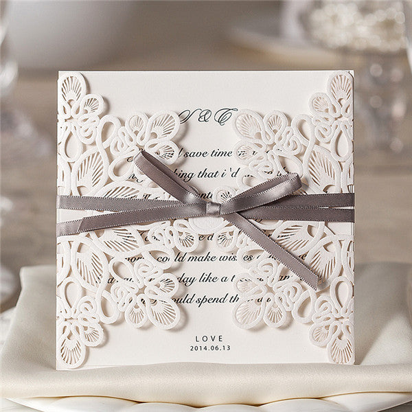White vintage folded laser cut wedding invitations with grey ribbons LC002_1