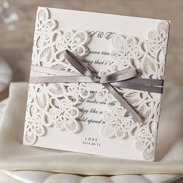 White vintage folded laser cut wedding invitations with grey ribbons LC002_3