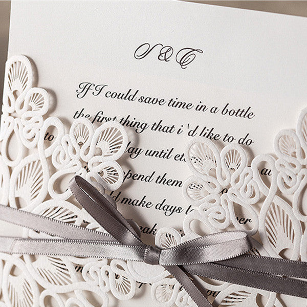 White vintage folded laser cut wedding invitations with grey ribbons LC002_4