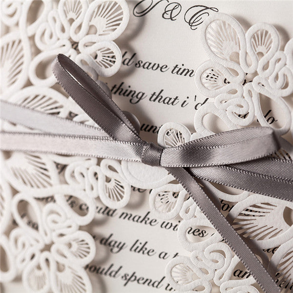 White vintage folded laser cut wedding invitations with grey ribbons LC002_6