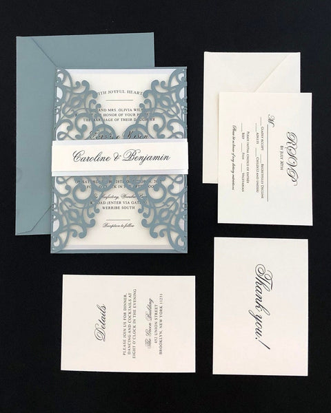 elegant dusty blue laser cut wedding invitations chic belly band (1)
