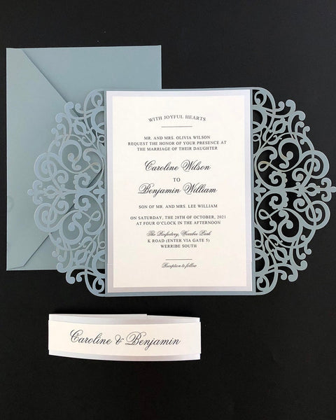 elegant dusty blue laser cut wedding invitations chic belly band (2)