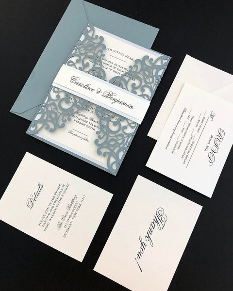 elegant dusty blue laser cut wedding invitations chic belly band
