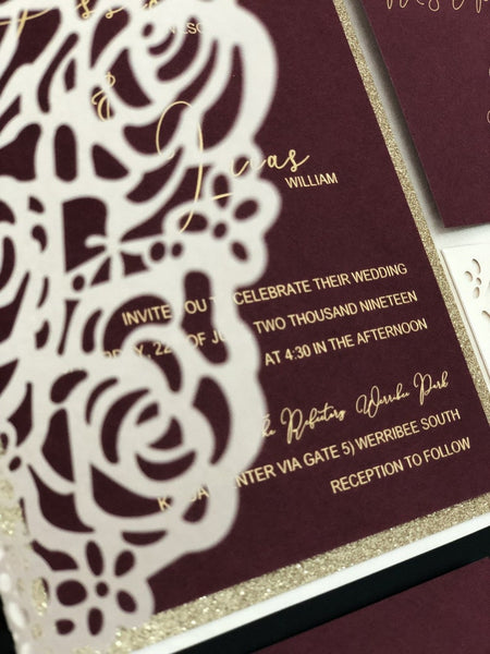 fall burgundy laser cut wedding invitations with blush pocket (2)