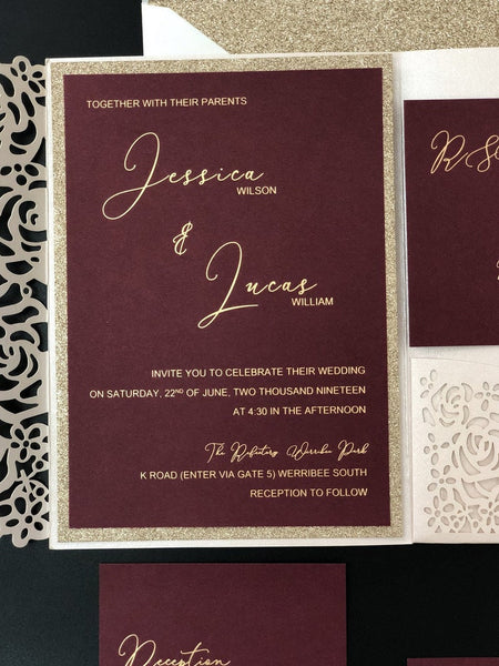 fall burgundy laser cut wedding invitations with blush pocket (4)
