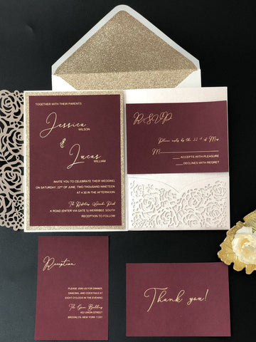 fall burgundy laser cut wedding invitations with blush pocket