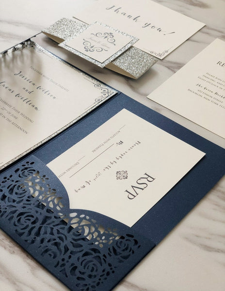 navy and silver wedding invitations with laser cut pocket (1)