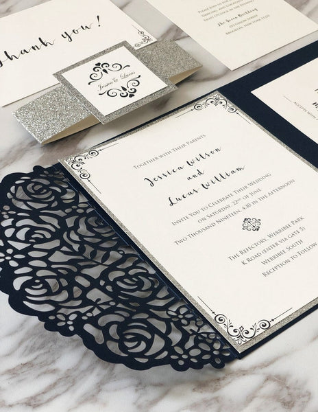 navy and silver wedding invitations with laser cut pocket (3)