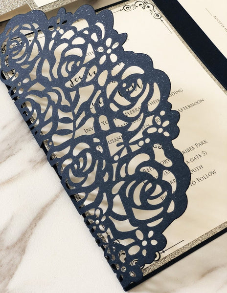 navy and silver wedding invitations with laser cut pocket (4)