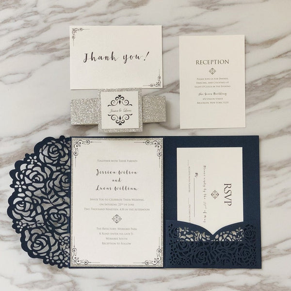 navy and silver wedding invitations with laser cut pocket