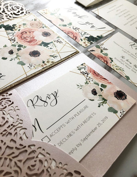 pink and sage wedding invitations with floral laser cut pockets (2)