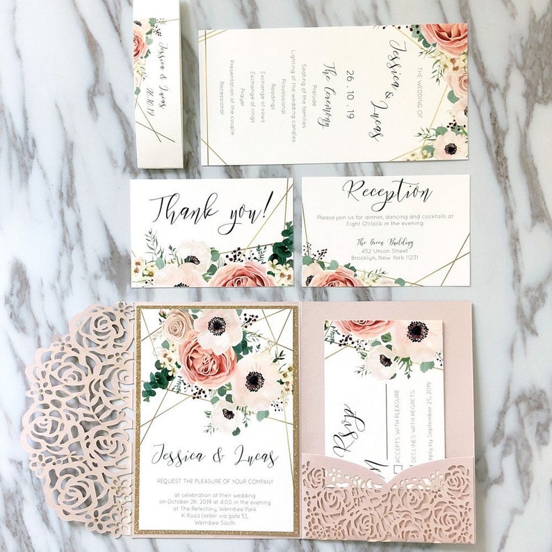 pink and sage wedding invitations with floral laser cut pockets