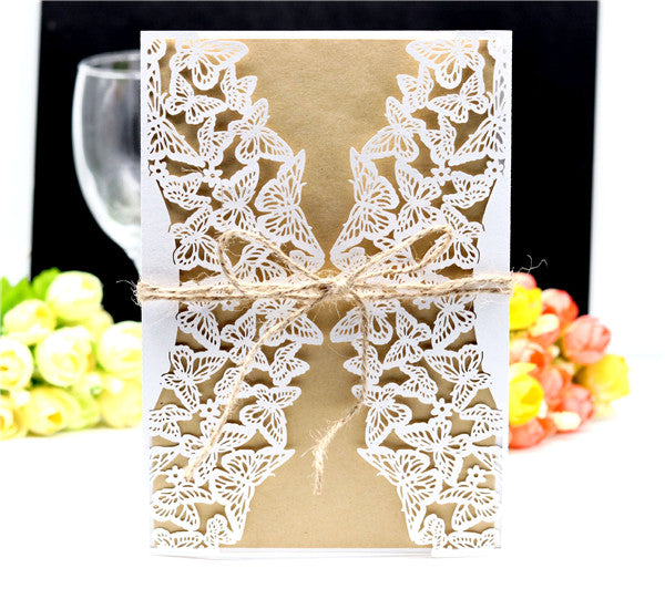 white lace butterfly laser cut wedding invitations with hemp cord LC062_1