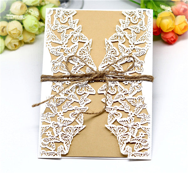 white lace butterfly laser cut wedding invitations with hemp cord LC062_2