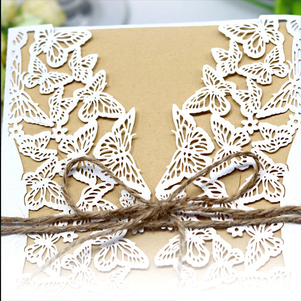 white lace butterfly laser cut wedding invitations with hemp cord LC062_3